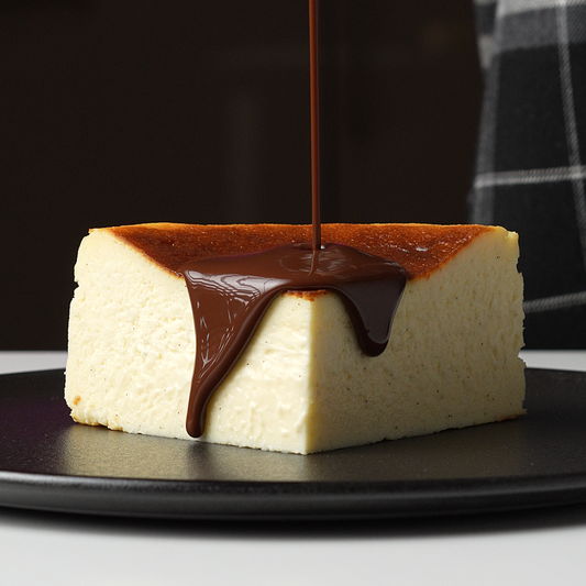 A slice of Basque cheesecake on a black plate, with rich melted chocolate being poured over the top. The background is softly lit in purple, adding a modern, stylish atmosphere.